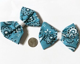 Teal Western Bows, Cowgirl bows, Bandana fabric, Teal fabric, bandana print, pigtail bows, bow sets, gifts for her, stocking stuffers, gifts