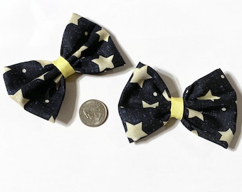 Navy and Star Bows, Starry night, Fabric bows, Gift ideas, Stocking stuffers, Blue and Yellow, Star fabric, pigtail bows, gifts for her,