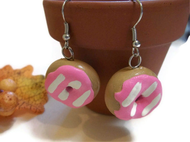 Pink Doughnut Earrings, Donut Earrings, Doughnut jewelry, polymer clay charms, doughnut accessories, Food Jewelry, New years accessories image 1