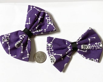 Purple Skeleton Bows, Halloween Bows, Spooky Hair bows, Halloween fabric, Gift ideas, Halloween bow set, Bow sets Gifts for her, Pigtail bow