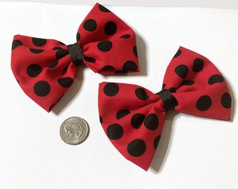 Red and black polka dot bows, Cheer bows, Large bows, fabric bows, polka dots, Mickey inspired bows, Mickey Mouse, Pigtail bows, bow set,