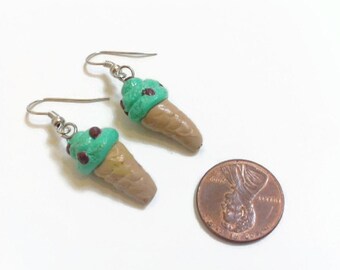 Mint Chocolate Chip Ice Cream Earrings, polymer clay charms, food jewelry, kawaii, summer treats, handmade charms, ice cream earrings,