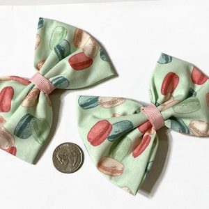 French macaron bows, Macaron theme, Pastel bows, Fabric bows, Macaron fabric, Paris, French, Gifts for her, Pigtails bows, stocking stuffers image 1