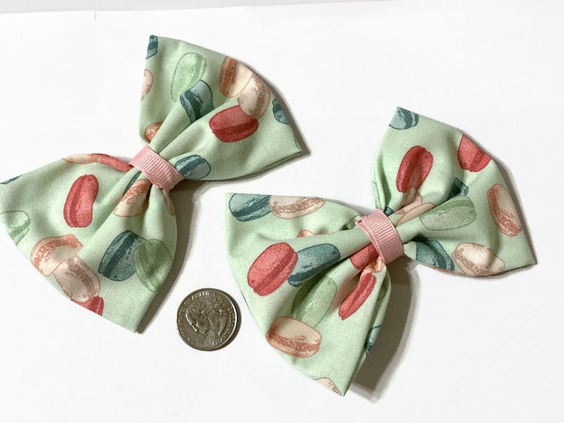 French macaron bows, Macaron theme, Pastel bows, Fabric bows, Macaron fabric, Paris, French, Gifts for her, Pigtails bows, stocking stuffers image 1