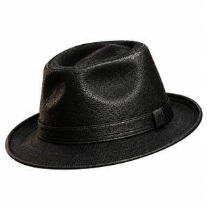May include: A black fedora hat with a textured, leather-like surface. The hat features a pinched crown, a structured brim, and a matching black band wrapped around the base of the crown. The material has a visible, fine-grained pattern.