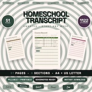 Homeschool Transcript Template | Editable Transcript for High School, Course Record, Credits & GPA, Fillable Printable A4