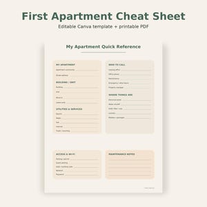 May include: A First Apartment Cheat Sheet template featuring the text My Apartment Quick Reference. The document includes sections for My Apartment, Building/Unit, Utilities & Services, Who to Call, Where Things Are, Access & Wi-Fi, and Maintenance Notes.