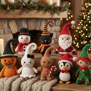 May include: A collection of eight crocheted holiday figurines including a pumpkin, snowman, black cat, Santa Claus, ghost, gingerbread person, penguin, and elf. Each figure features detailed yarn textures, vibrant colours, and festive accessories.
