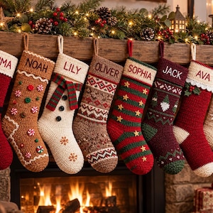 Puede incluir: Ocho calcetines navideños de ganchillo personalizados colgados en fila. Cada calcetín presenta un diseño único que incluye un traje de Papá Noel, tema de pan de jengibre, muñeco de nieve, patrón nórdico, estrellas, gnomos, acebo y copos.