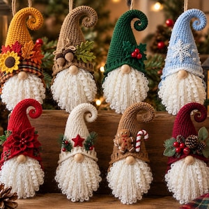 May include: Eight crocheted gnome ornaments with long white yarn beards and wooden bead noses. Each gnome wears a tall, pointed, curled hat in various colors including yellow, brown, green, blue, red, and cream, decorated with seasonal motifs.