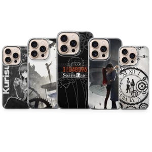 May include: Five clear smartphone cases featuring Steins;Gate anime graphics. Designs include a character with the text Kurisu, a silhouette near a clock, a character with the text 18048596 Steins;Gate, a couple embracing, and a clock face with silhouettes.
