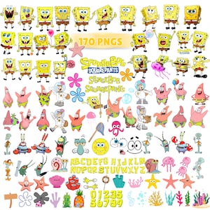 May include: A collection of 170 digital PNG illustrations featuring SpongeBob SquarePants characters, including SpongeBob, Patrick Star, Squidward, Mr. Krabs, Sandy Cheeks, and Gary the Snail, alongside underwater elements, alphabet letters, and numbers.