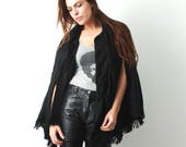 Vintage Black Poncho Woman Black Cape Vintage Cape Wool Cape Wool Poncho Cape With Tassels Poncho With Tassels Oversized Cape