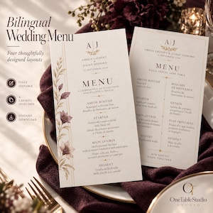 May include: Two vertical wedding menu cards featuring bilingual English and French text, floral illustrations in muted tones, and the names Amelia Laurent and Julian Ashford. The cards display a structured layout with headings for courses.