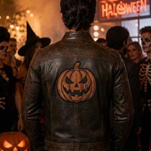 Herren-Bikerjacke aus braunem Leder im Used-Look, mit gesticktem Kürbis-Aufnäher auf dem Rücken.