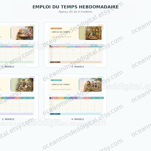 May include: A digital weekly schedule planner template set featuring four distinct A5 layouts. Each layout includes a grid for daily planning, a header labeled EMPLOI DU TEMPS, and a unique illustrated graphic in the top right corner.