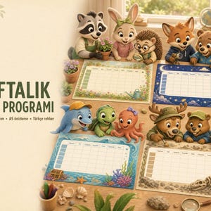 May include: A set of four weekly schedule planners featuring cartoon animal illustrations. The designs include a garden theme with a raccoon and rabbit, a night sky theme with a fox and bear, an ocean theme with a dolphin and octopus, and a fossil theme.