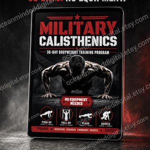 May include: A digital tablet displaying a 30-day military calisthenics bodyweight training program. The screen features a person performing a push-up, with text reading MILITARY CALISTHENICS, NO EQUIPMENT NEEDED, and icons for push-up, pull-up, plank, and burpee.