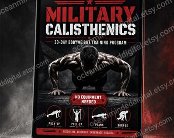 Programa de calistenia militar de 30 días con peso corporal, guía de entrenamiento en casa sin equipo, plan de entrenamiento táctico en PDF de 55 páginas y registro de entrenamiento.