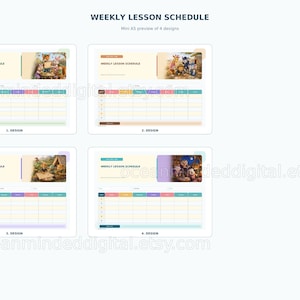 May include: Four weekly lesson schedule templates with a grid layout, each featuring a unique animal illustration in the top right corner. The text reads WEEKLY LESSON SCHEDULE and Mini A5 preview of 4 designs. Each template has colored headers.