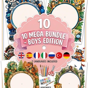 May include: A digital craft bundle featuring four illustrated circular frames with themes of space, jungle, dinosaurs, and castles. A central pink scalloped label displays the text 10 MEGA BUNDLE - BOYS EDITION, 7 LANGUAGES INCLUDED, and handmade printable craft.
