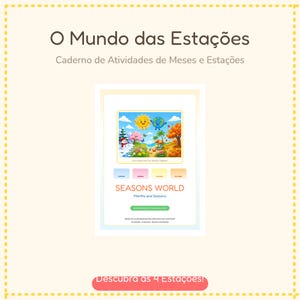 Op de afbeelding: Een activiteitenboek getiteld Seasons World Months and Seasons met een kleurrijke illustratie van zon- en aardekarakters boven een landschap met winter-, lente-, zomer- en herfsttaferelen en labels voor elk seizoen.