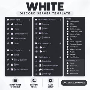 Puede incluir: Una plantilla digital de servidor de Discord titulada WHITE DISCORD SERVER TEMPLATE. Muestra una interfaz de tema oscuro con categorías de canales organizadas como START HERE, THE LOUNGE, SHARED INTERESTS, VOICE ROOMS, STAFF ONLY, ROLES e INTEREST ROLES.