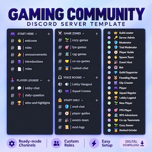 May include: A digital Discord server template for a gaming community featuring three dark panels. The panels display organized text channels like welcome, rules, and game zones, alongside a list of custom roles with icons and labels like Guild Leader.