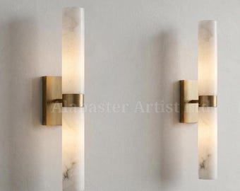 Natural Alabaster Stone Brass Wall Sconces Mid Century Modern Italian Vintage Style Handmade Lighting Fixture Modern Bathroom Vanity Sconce