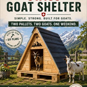 May include: A wooden A-frame goat shelter built from two pallets with a black roof, featuring text that reads SWISS GOAT SHELTER, SIMPLE. STRONG. BUILT FOR GOATS. TWO PALLETS. TWO GOATS. ONE WEEKEND. STEP-BY-STEP DIY PLANS ANYONE CAN BUILD.
