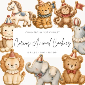 Puede incluir: Una colección de ilustraciones de animales de circo estilo acuarela que incluye un caballo, tigre, mono, foca, león, elefante y oso, todos con gorros de fiesta y volantes. El texto dice: COMMERCIAL USE CLIPART Circus Animal Cookies 12 FILES - PNG - 300 DPI.