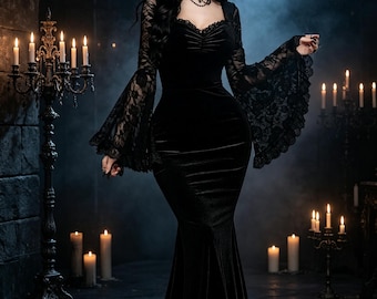 May include: A floor-length black velvet dress featuring a sweetheart neckline, long flared lace sleeves, and a fitted bodice. The garment includes a delicate lace trim along the neckline and a choker-style necklace with a central pendant.