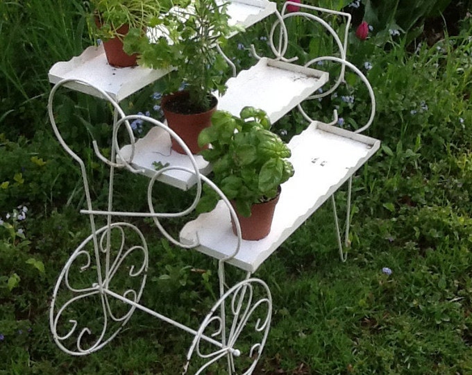 Vintage 60's Metal Plant Stand Rolling Tea Cart Plant Stand Tiered