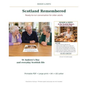 May include: A printable PDF document titled Memory & Mirth: Scotland Remembered, featuring conversation prompts for older adults. The page includes a photograph of a baker with morning rolls and a list of six discussion questions for group engagement.