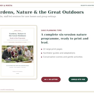 Może przedstawiać: Cyfrowa karta produktu zatytułowana Gardens, Nature & the Great Outdoors, zawierająca program sześciu sesji dla domów opieki. Zawiera 22 strony z dużym drukiem, przewodniki dla prowadzących i ćwiczenia w formatach A4 oraz US Letter.