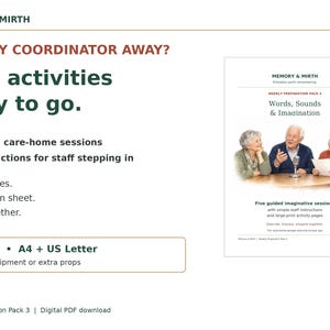 May include: A digital PDF download titled Memory & Mirth Weekly Preparation Pack 3: Words, Sounds & Imagination. The document features text about five guided care-home sessions, instructions for staff, and a photo of three seniors at a table.