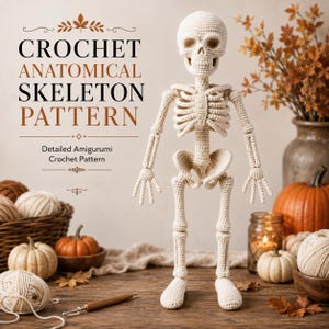 Puede incluir: Una figura de esqueleto anatómico de ganchillo color crema de pie. El texto dice CROCHET ANATOMICAL SKELETON PATTERN y Detailed Amigurumi Crochet Pattern. El esqueleto presenta un cráneo, caja torácica, pelvis y extremidades.