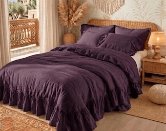 Juego de funda nórdica de lino con volantes en color ciruela oscuro, juego de ropa de cama con volantes de estilo shabby chic, funda nórdica de lino lavado color morado intenso con fundas de almohada a juego.