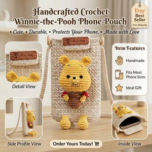 Könnte beinhalten: Eine beige gehäkelte Handytasche mit einer gelben Winnie Puuh-Figur und einem braunen Honigtopf. Die Tasche verfügt über einen langen Riemen, eine Klappe mit einem braunen Lederetikett mit der Aufschrift Hand Made und ein strukturiertes Strickmuster.