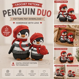 Könnte beinhalten: Eine Häkelanleitung für ein Pinguin-Duo mit zwei gestrickten Pinguinen, die rote Baskenmützen und Schals tragen. Der größere Pinguin hat einen gestreiften Körper, der kleinere hält ein rotes Herz. Text: CROCHET PATTERN PENGUIN DUO und PATTERN PDF DOWNLOAD.
