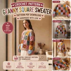 Könnte beinhalten: Eine digitale Häkelanleitung für einen Granny-Square-Pullover mit einem mehrfarbigen Patchwork-Design und Blumenmotiven. Der PDF-Download enthält Anleitungen, Schritt-für-Schritt-Fotos und zeigt den Pullover flach, auf einem Bügel und am Modell.