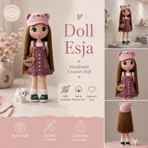 Könnte beinhalten: Eine handgefertigte Häkelpuppe namens Esja mit langem braunem Haar, einer rosa Mütze mit Katzenohren, einem weißen Oberteil und einem violetten Latzkleid. Die Puppe trägt eine kleine braune Umhängetasche in Bärenform und hat einen kleinen weißen Hund.