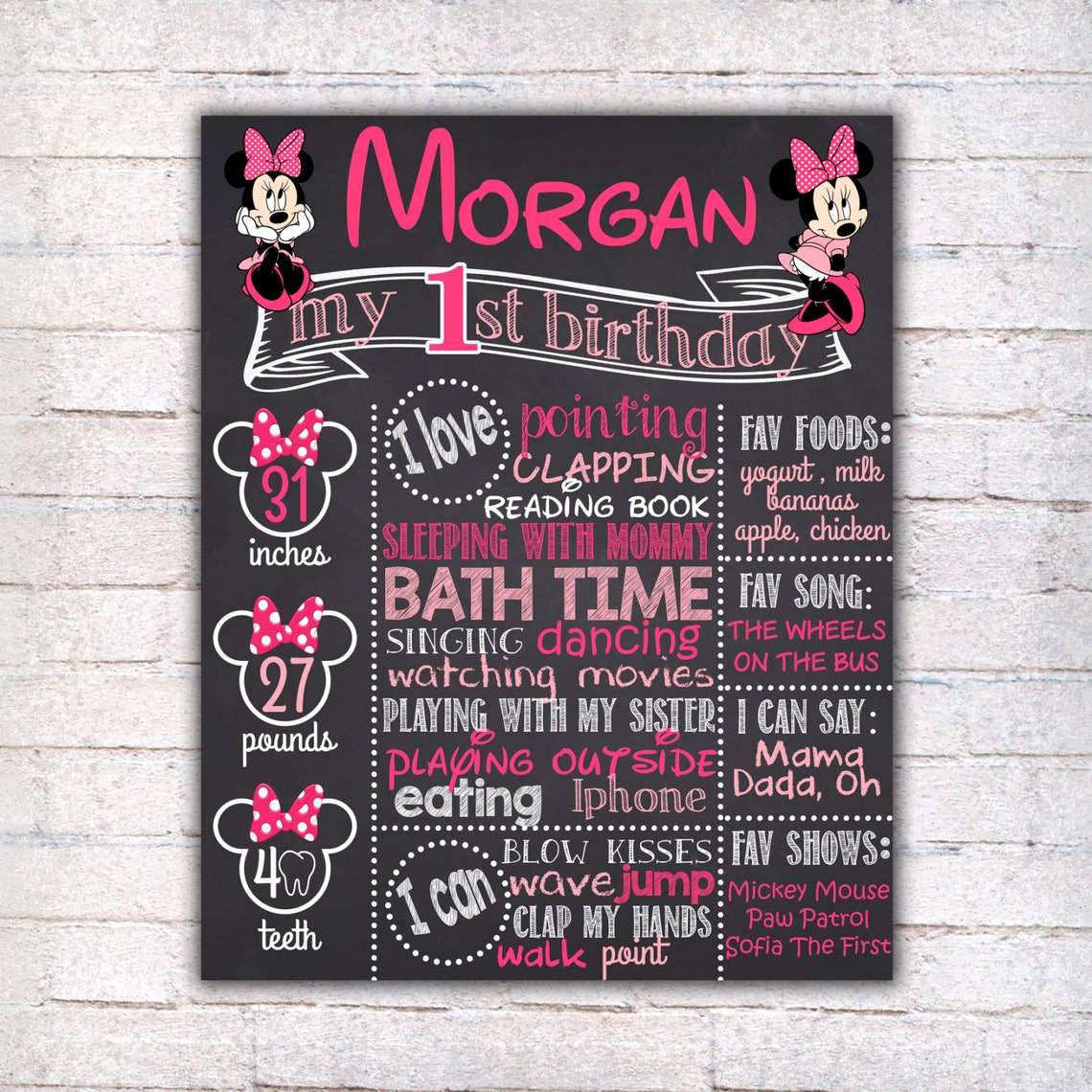 Minnie Mouse First Birthday Chalkboard Sign Printable 1st | Etsy
