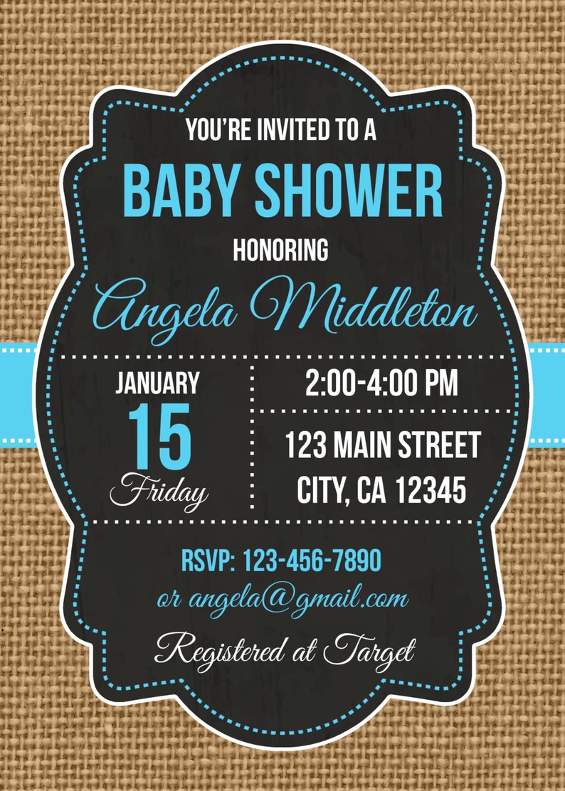 Burlap Baby Shower Invitation digital Printable Blue Etsy