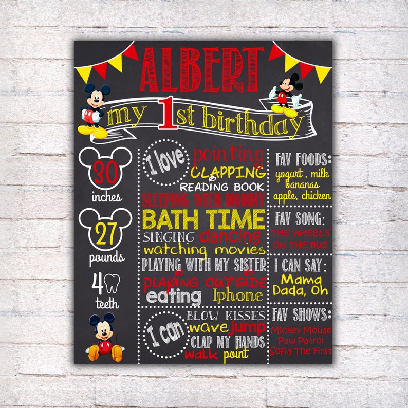 Mickey Mouse First Birthday Chalkboard Sign Printable 1st ...