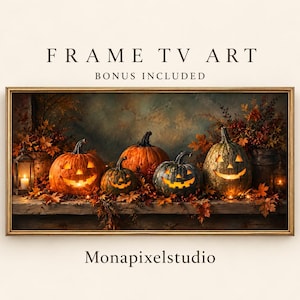 May include: A rectangular gold-framed digital display showing a scene of four carved, glowing jack-o'-lanterns on a wooden surface surrounded by autumn leaves and a lantern. The text FRAME TV ART, BONUS INCLUDED, and Monapixelstudio are visible.