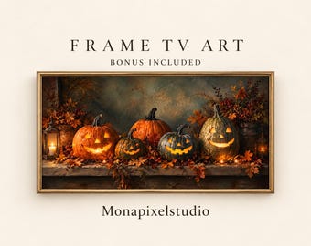 Vintage Halloween Frame TV Art, Glowing Pumpkins, Autumn Leaves (4K Digital Download)