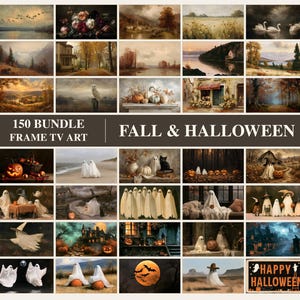 May include: A digital collection of 150 landscape-oriented images for Frame TV, featuring fall and Halloween themes. The grid displays various scenes including autumn landscapes, pumpkins, ghosts, and a sign with the text 150 BUNDLE FALL & HALLOWEEN.