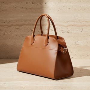 May include: A structured tan leather handbag featuring two top handles, a smooth exterior finish, and a side strap with a silver-toned metal buckle. The bag has a wide base and a curved top silhouette with clean, minimalist lines and stitching.