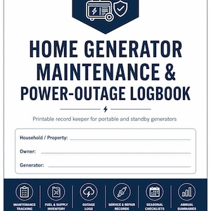 May include: A white and dark blue logbook titled HOME GENERATOR MAINTENANCE & POWER-OUTAGE LOGBOOK. It features sections for household, owner, and generator details, plus icons for maintenance, fuel, outage logs, repairs, checklists, and summaries.